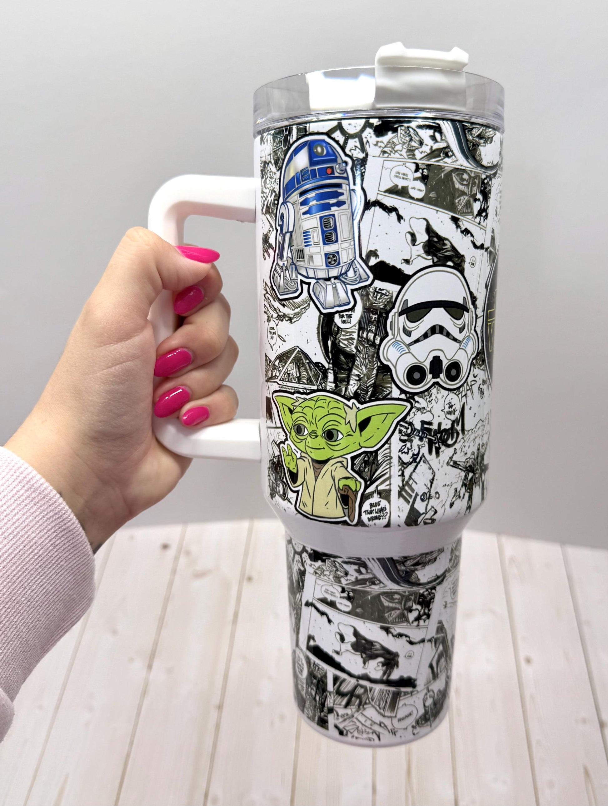 SW Galaxy Stanley Dupe 40oz Tumbler, Stainless Steel Cup with Handle, Yoda Mandalorian, Stars movie tumbler, Black and white comics design
