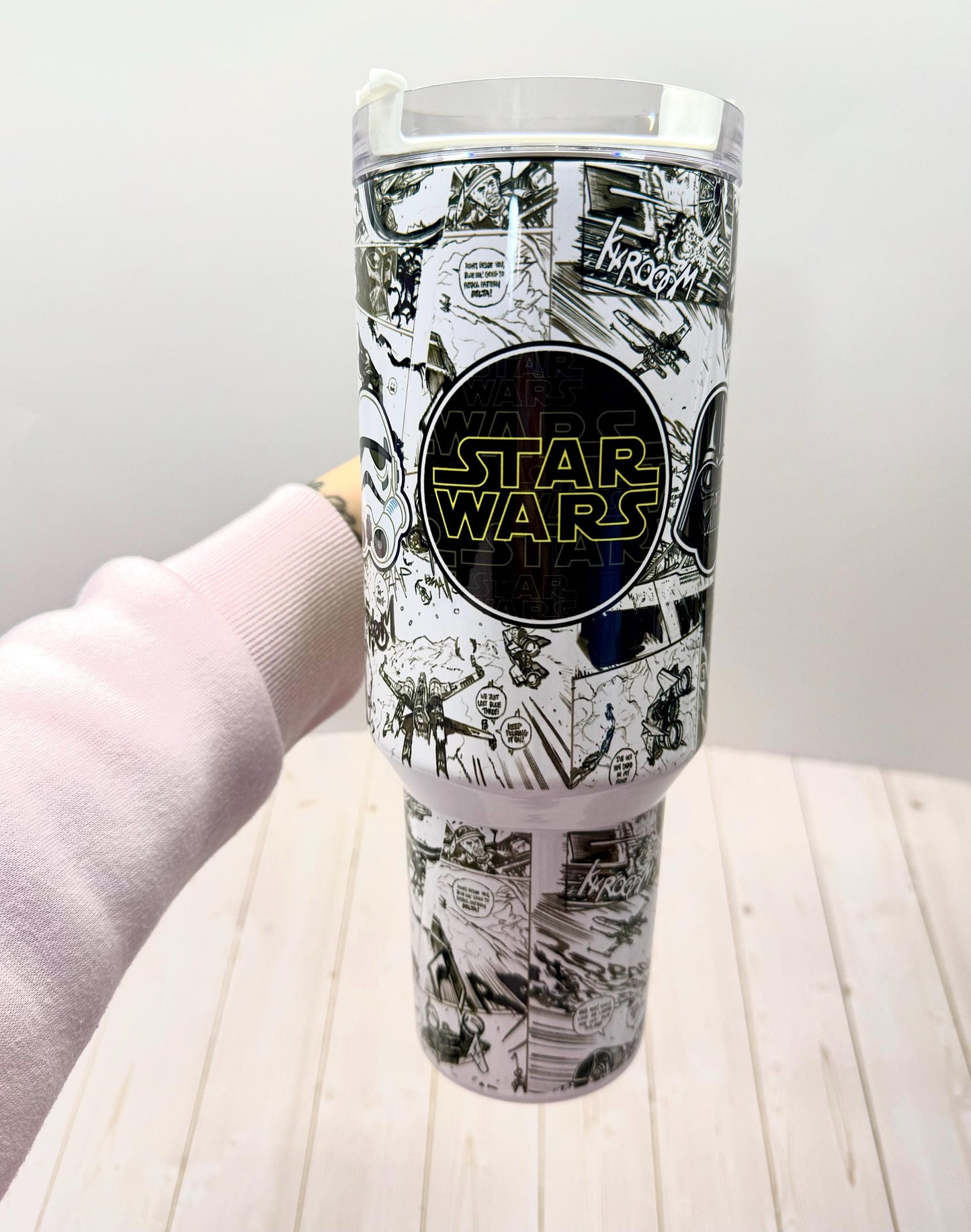 SW Galaxy Stanley Dupe 40oz Tumbler, Stainless Steel Cup with Handle, Yoda Mandalorian, Stars movie tumbler, Black and white comics design