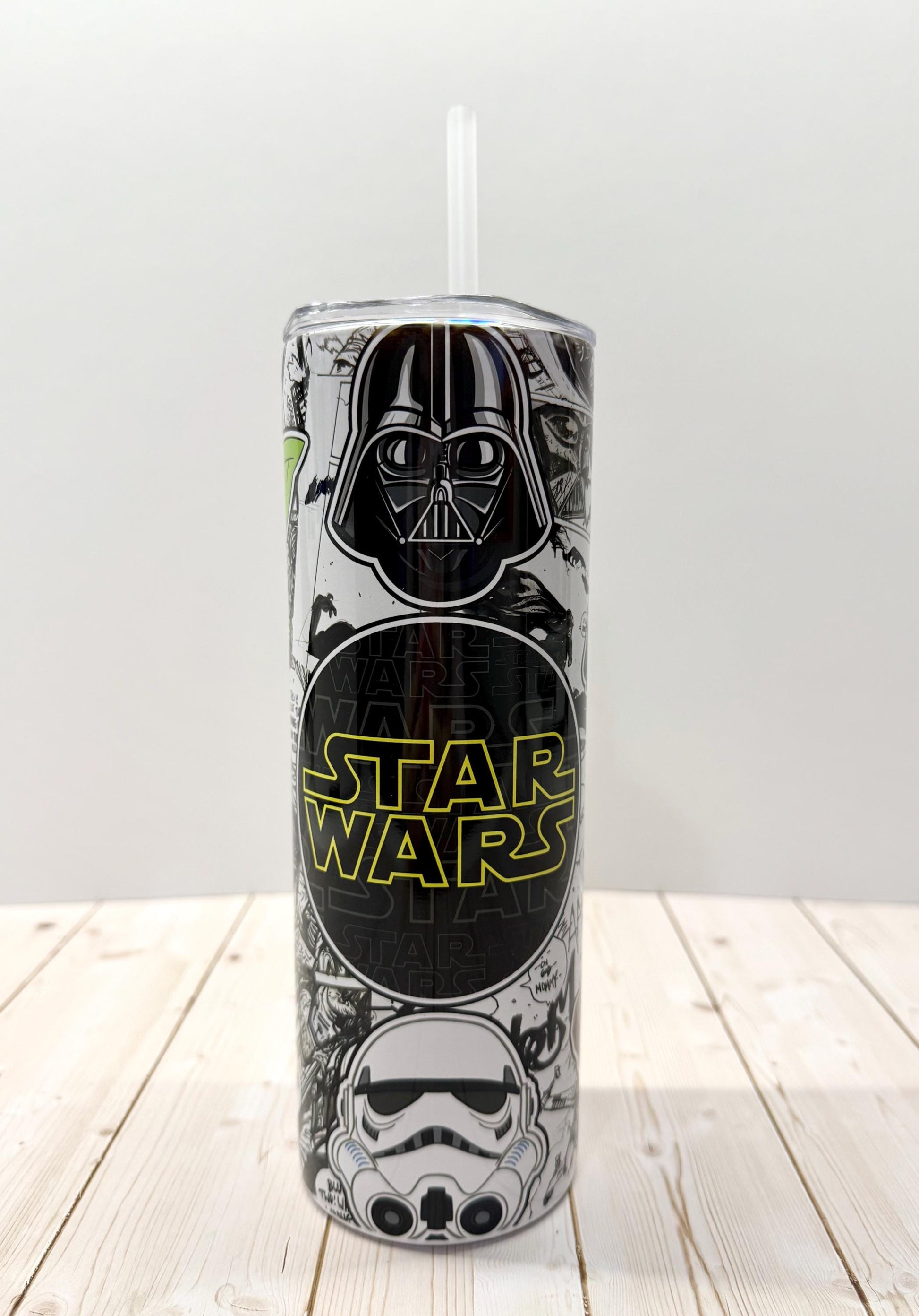 SW Galaxy Skinny Tumbler 20oz, Stainless Steel Cup with lid, Yoda Mandalorian, Stars movie tumbler, Black and white comics design