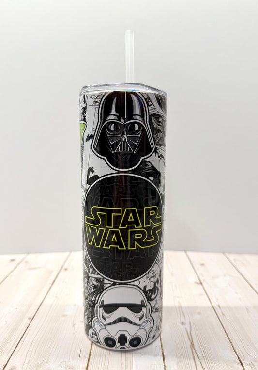 SW Galaxy Skinny Tumbler 20oz, Stainless Steel Cup with lid, Yoda Mandalorian, Stars movie tumbler, Black and white comics design