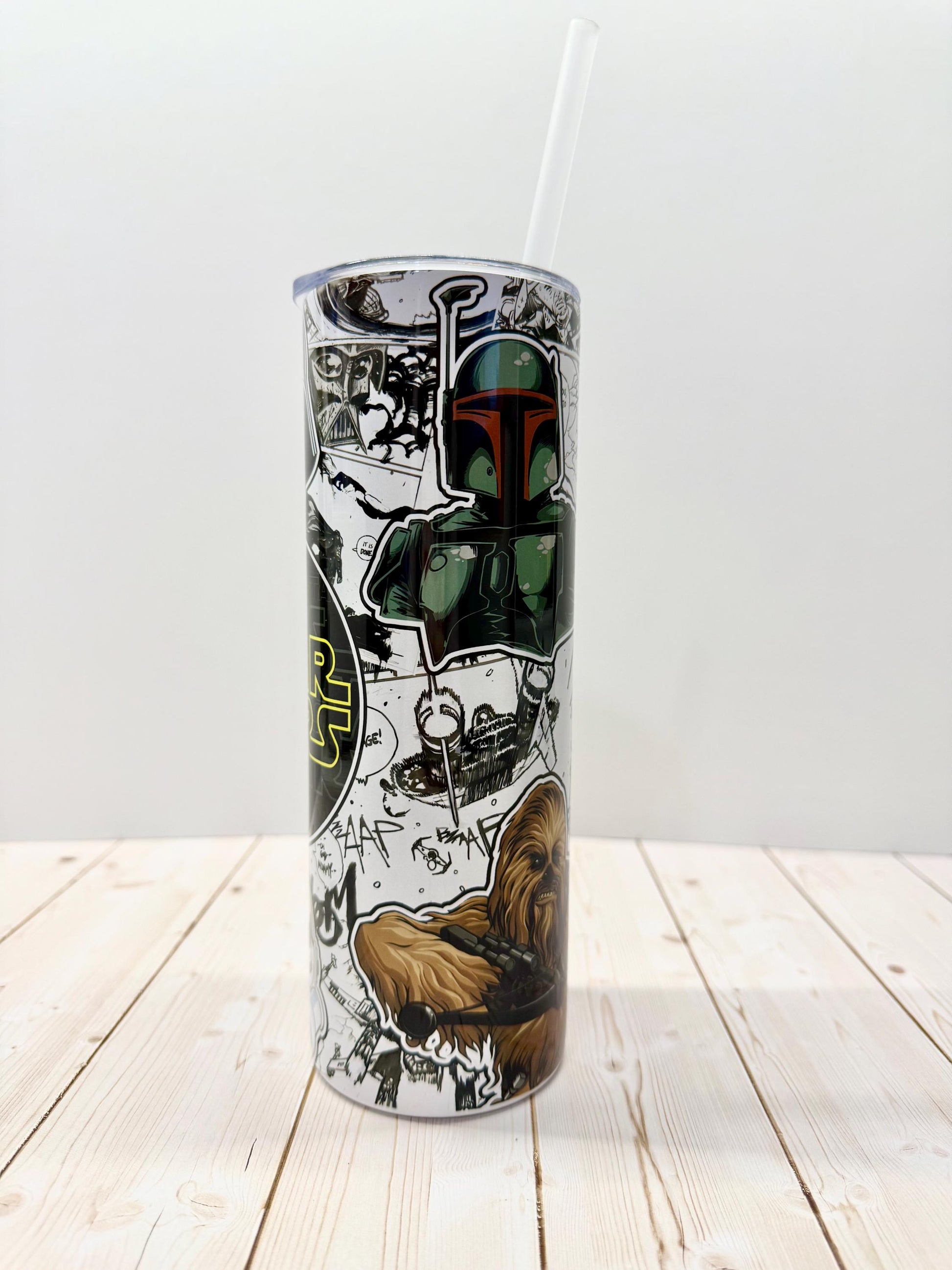 SW Galaxy Skinny Tumbler 20oz, Stainless Steel Cup with lid, Yoda Mandalorian, Stars movie tumbler, Black and white comics design