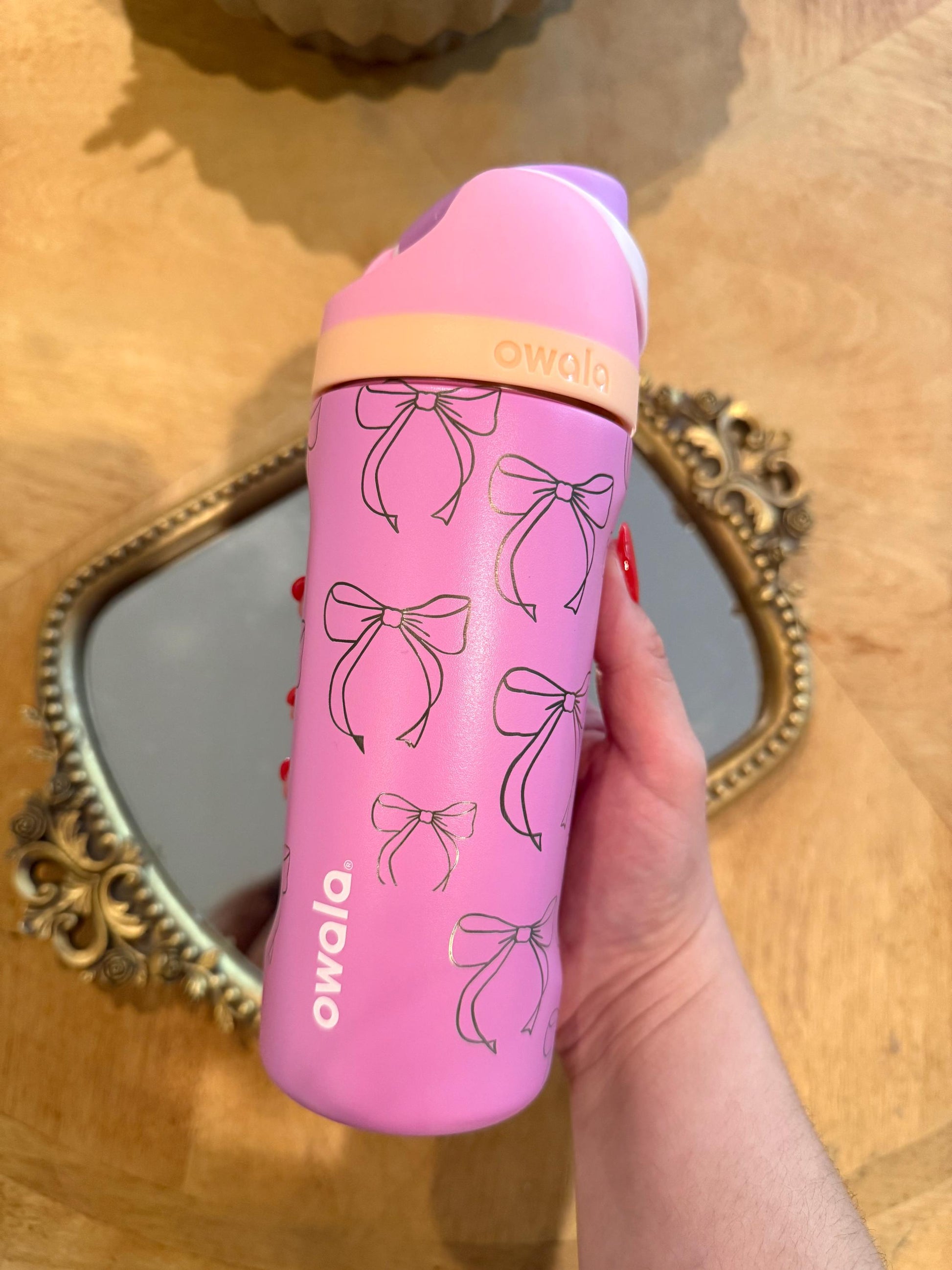 Custom Kids Engraved Owala, Pink Bows Coquette Girly Tumbler, 16oz Free Sip, Engraved tumbler, Engraved Gift for girls