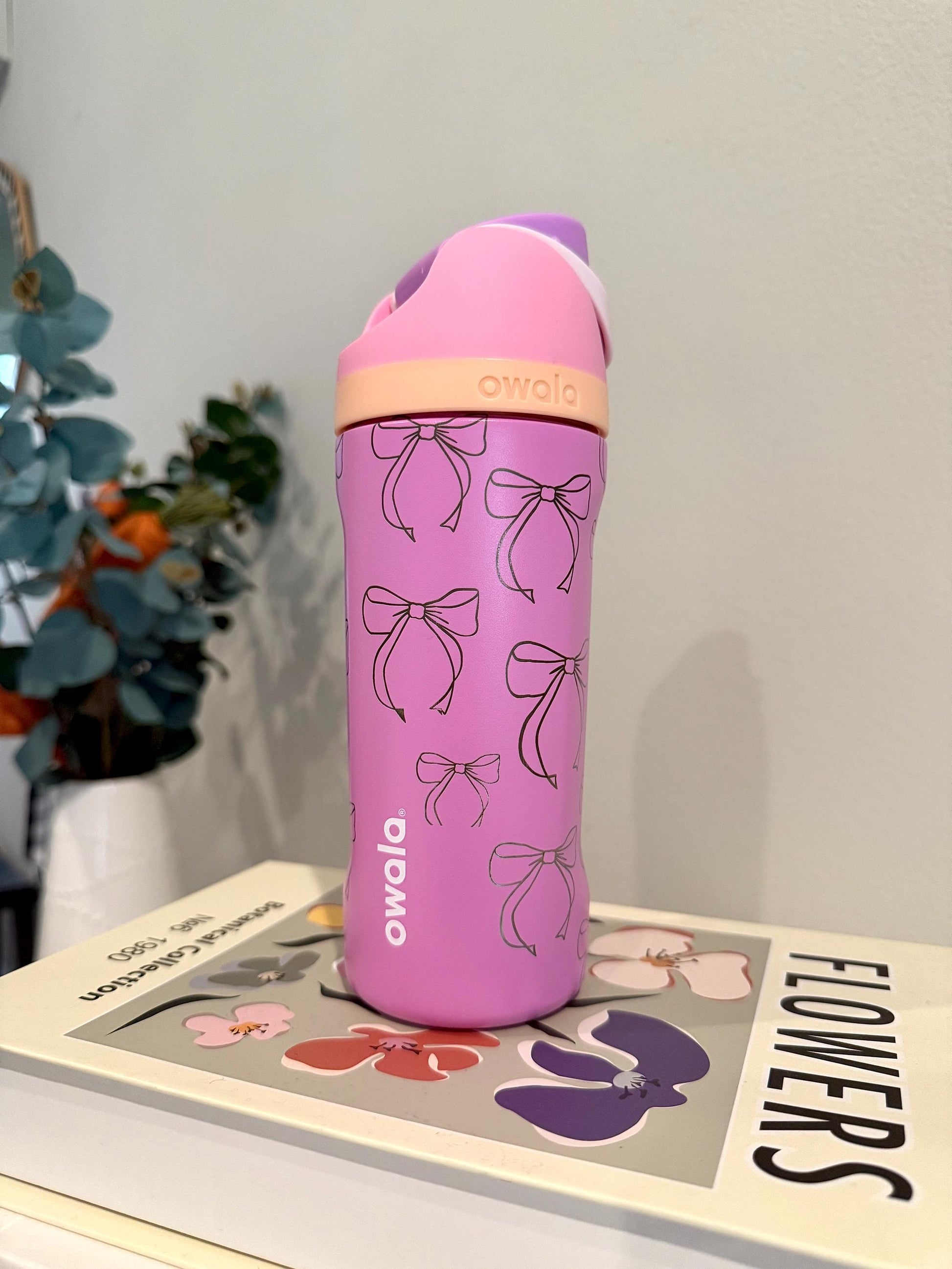 Custom Kids Engraved Owala, Pink Bows Coquette Girly Tumbler, 16oz Free Sip, Engraved tumbler, Engraved Gift for girls