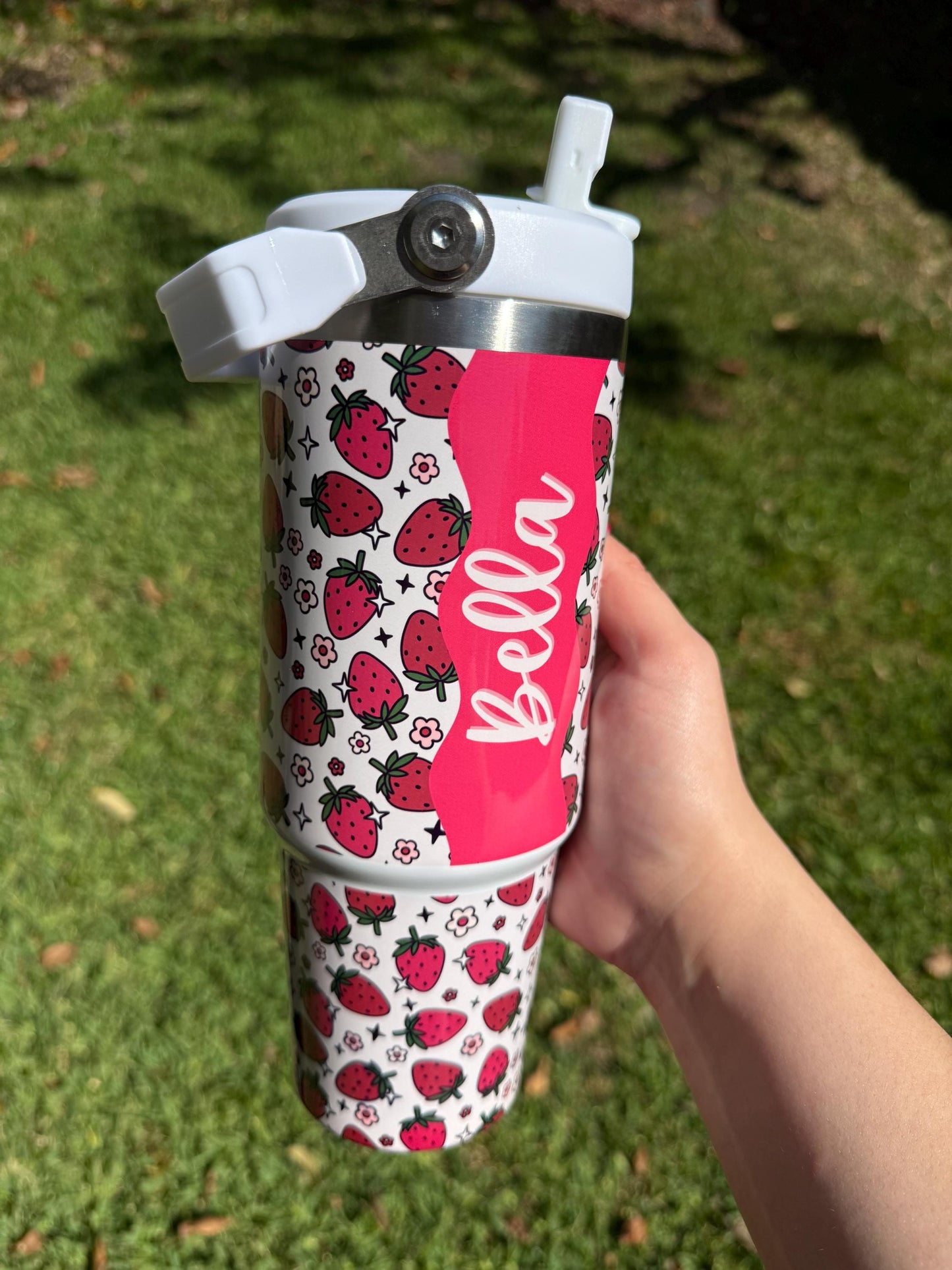 Personalized Tumbler with Name, Strawberry Tumbler 30oz Cup w/ carry handle, Pink Strawberry Cup, 30oz Coffee mug, Trendy Summer Fruit, Gift