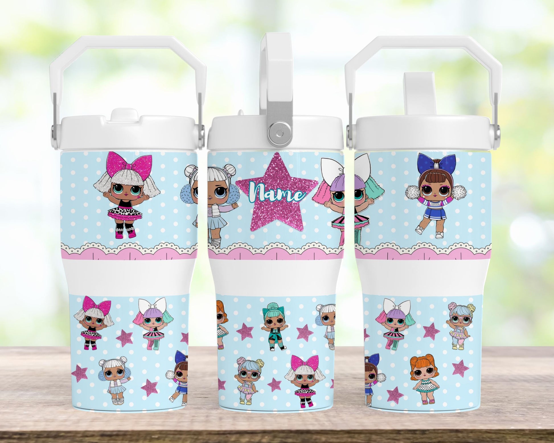 Kids Tumbler 20oz Flip Straw Water Bottle Doll, Dolls Glitter Stars, Tumbler with Handle, perfect Birthday Gift for girls, Cartoon Dolls