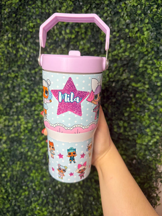 Kids Tumbler 20oz Flip Straw Water Bottle Doll, Dolls Glitter Stars, Tumbler with Handle, perfect Birthday Gift for girls, Cartoon Dolls