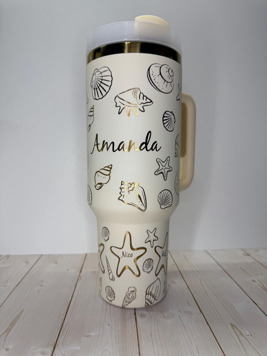 Engraved Tumbler with Name 40oz Women Tumbler with handle, Ocean Seashell Design, Gold engraving gift for mom, Mothers day gift