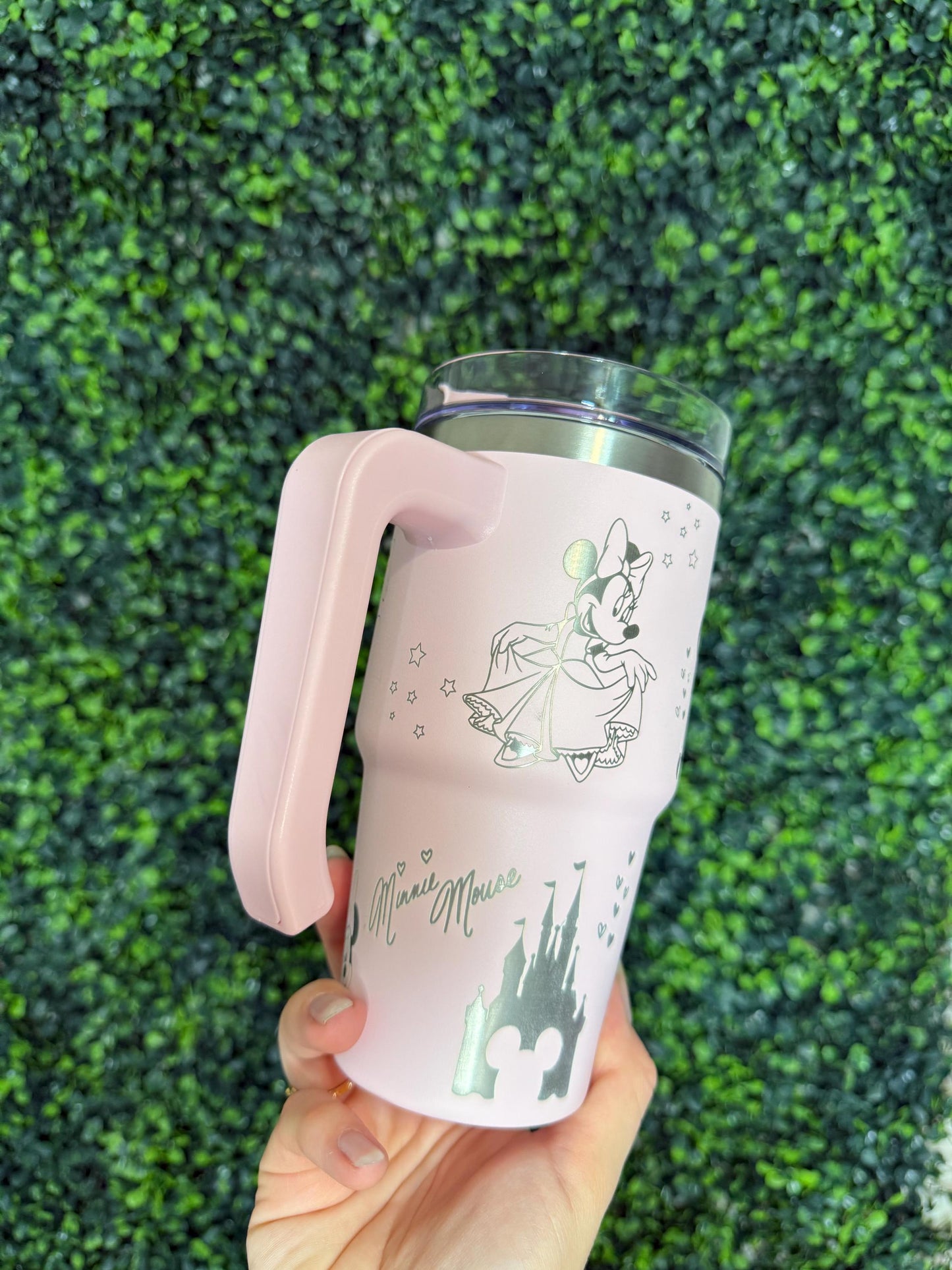 Personalized Disney Engraved Tumbler 20oz Minnie Mouse Tumbler with Name engraved, Pink cup with handle and lid, Cute Disney lover Gift