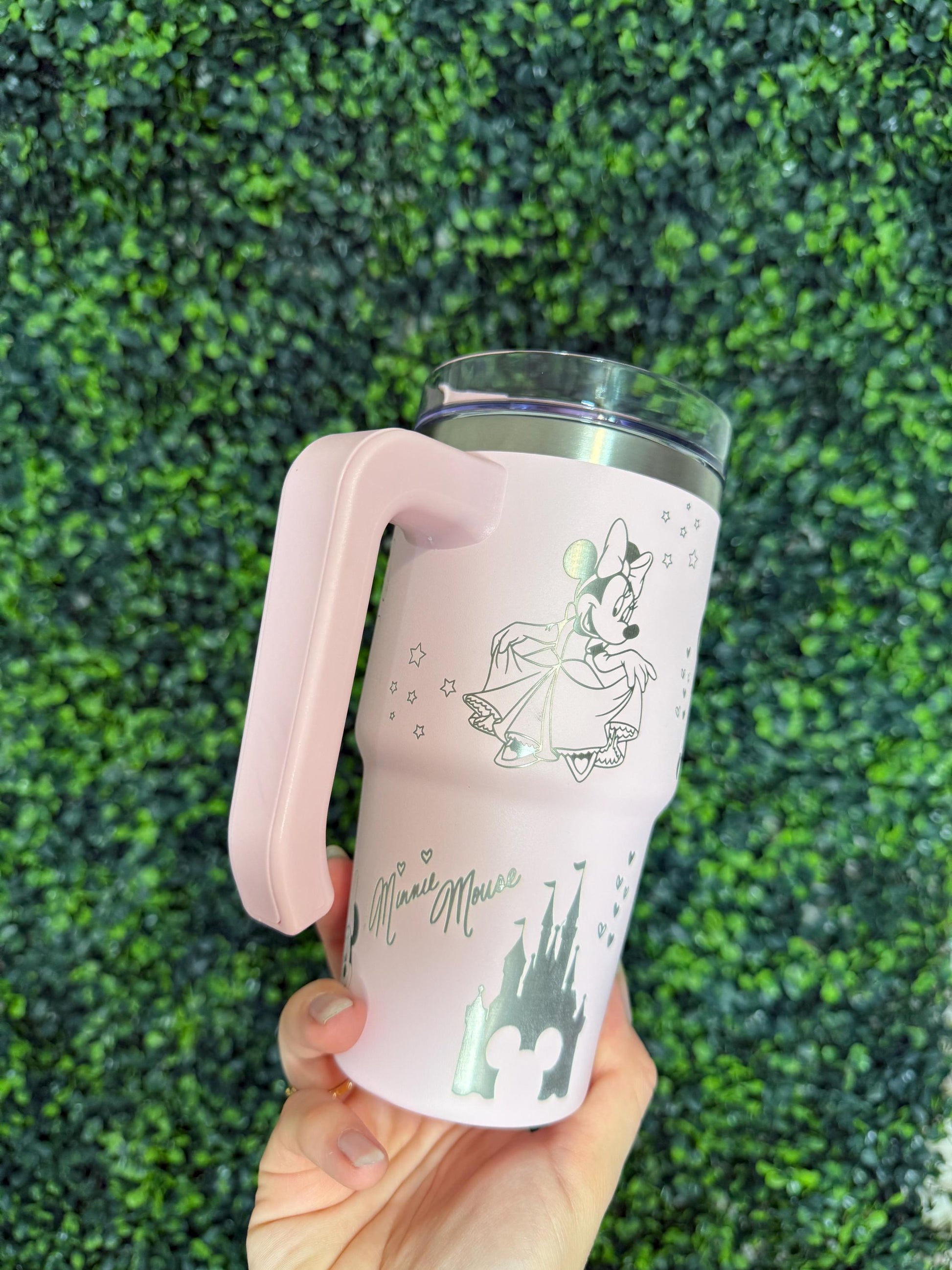 Personalized Disney Engraved Tumbler 20oz Minnie Mouse Tumbler with Name engraved, Pink cup with handle and lid, Cute Disney lover Gift