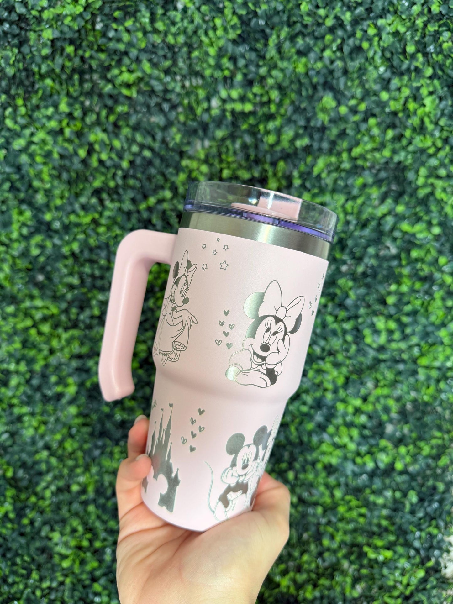 Personalized Disney Engraved Tumbler 20oz Minnie Mouse Tumbler with Name engraved, Pink cup with handle and lid, Cute Disney lover Gift