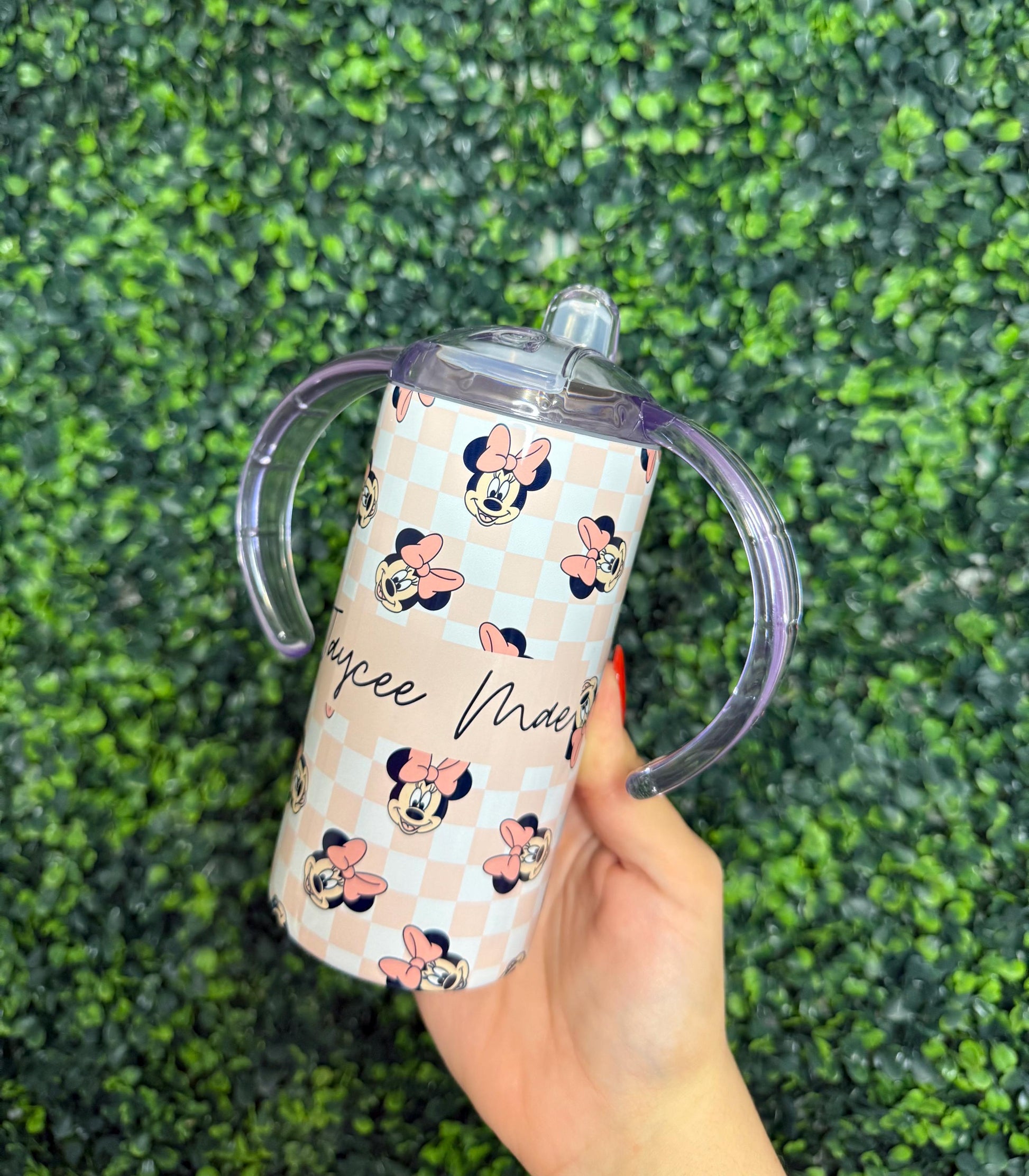 Personalized Minnie Mouse Sippy Cup 12oz, Baby Girl Tumbler with Name, Pink Checkered Toddler Cup with Straw Lid