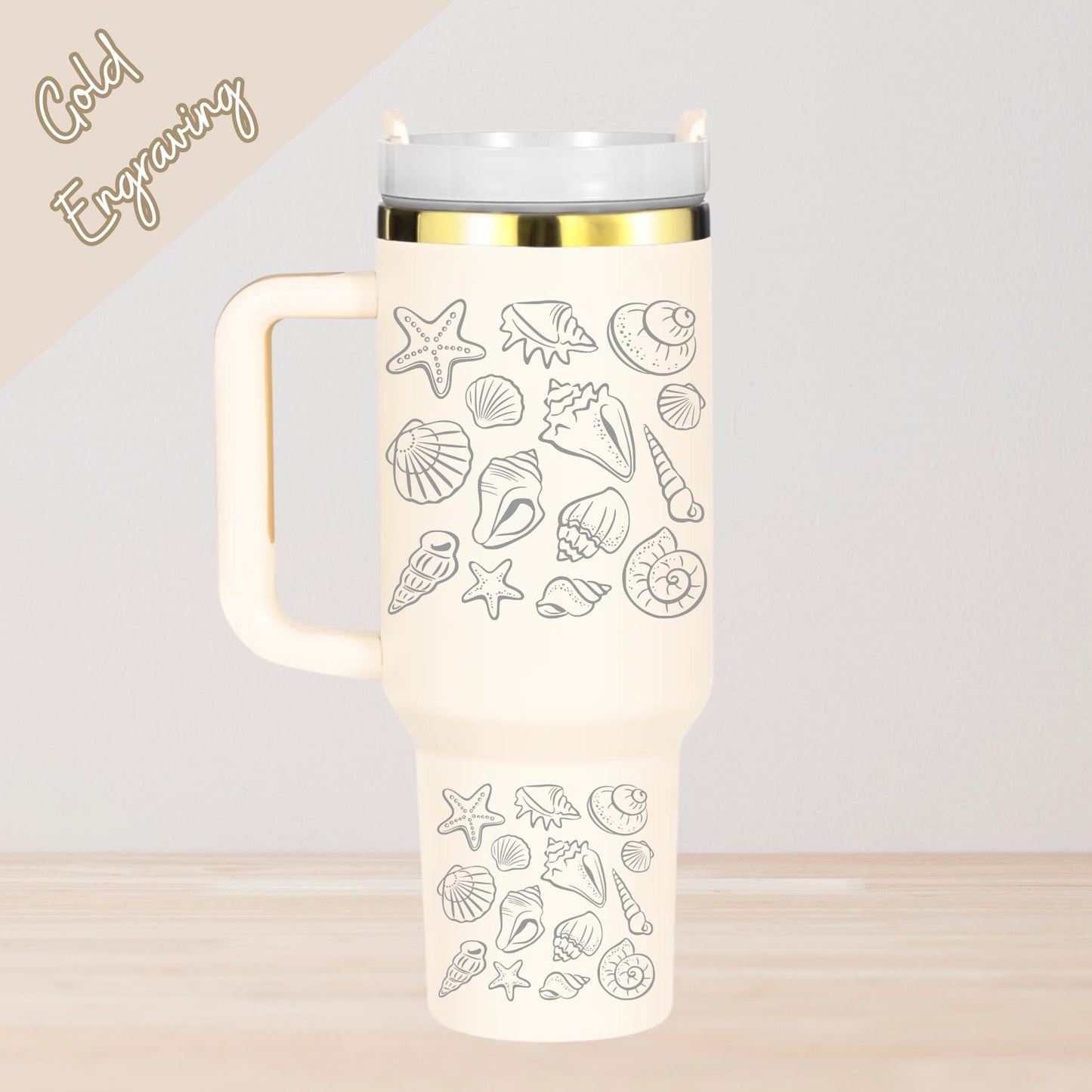 Engraved Tumbler with Name 40oz Women Tumbler with handle, Ocean Seashell Design, Gold engraving gift for mom, Mothers day gift