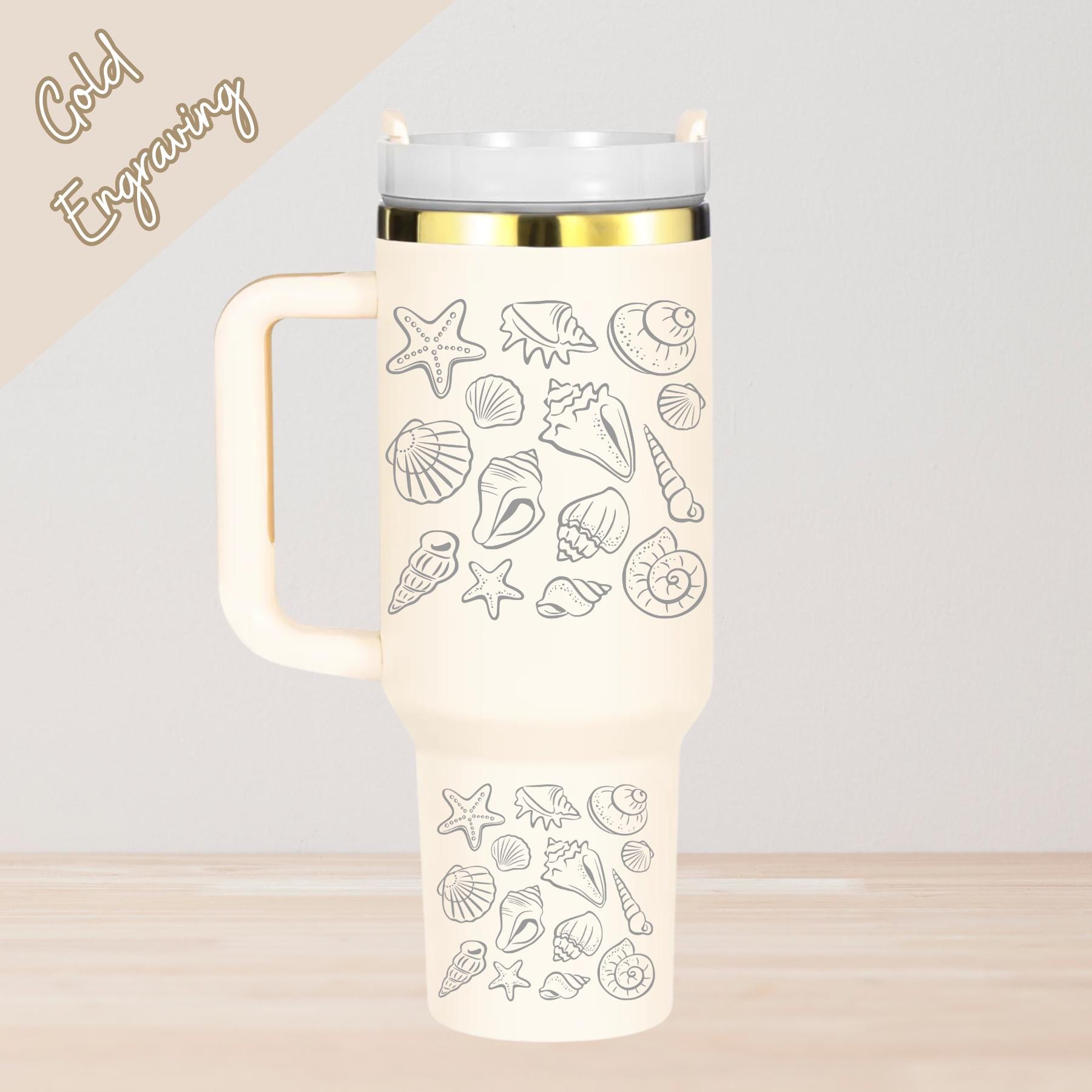 Engraved Tumbler with Name 40oz Women Tumbler with handle, Ocean Seashell Design, Gold engraving gift for mom, Mothers day gift