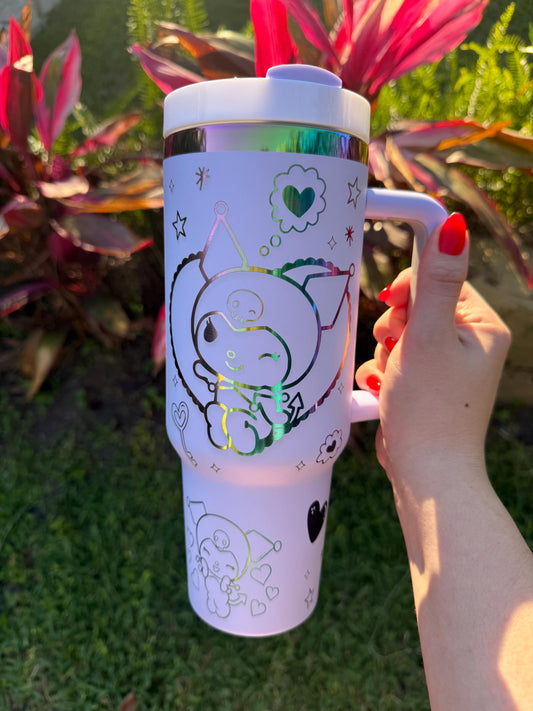 Kawaii Rainbow Tumbler, Kuromi Stanley Dupe, 40oz with handle, Laser Engraved, Kawaii Tumbler, engraved gifts, Kuromi my melody