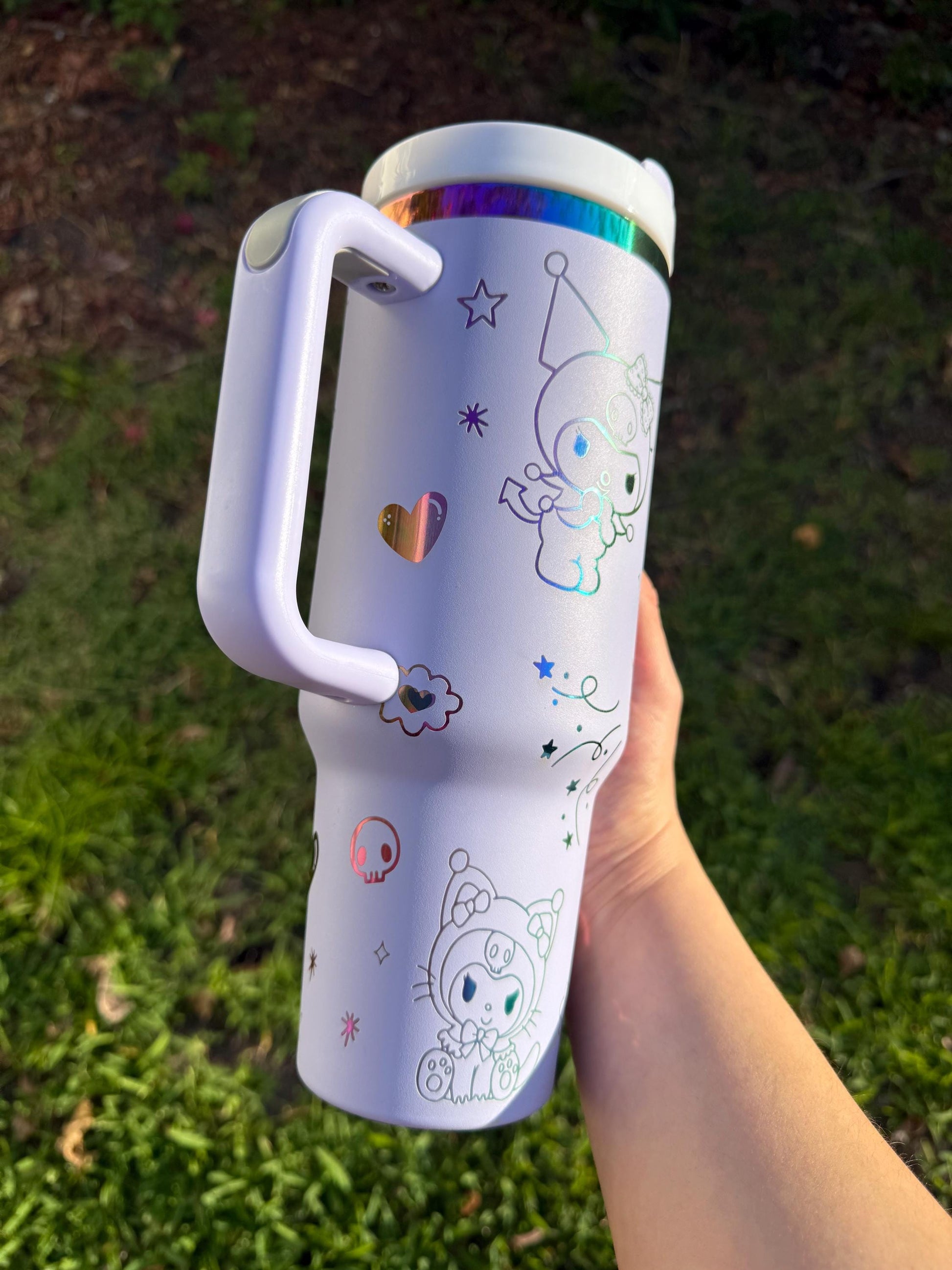Kawaii Rainbow Tumbler, Kuromi Stanley Dupe, 40oz with handle, Laser Engraved, Kawaii Tumbler, engraved gifts, Kuromi my melody