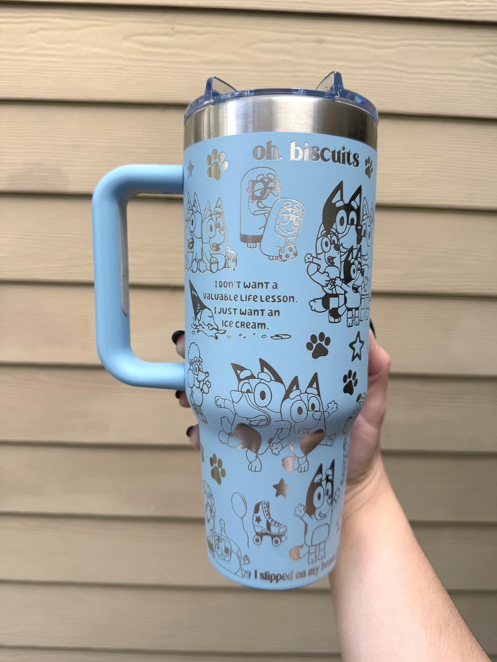 Custom Engraved Tumbler, Bluey Bingo, 40oz with handle, Engraved tumbler, Cartoon dog, Bluey Mom Bluey Dad Grannies