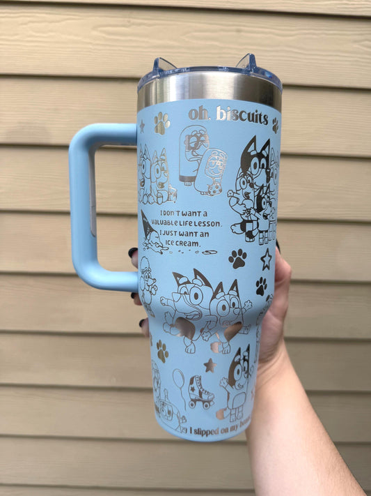 Custom Engraved Tumbler, Bluey Bingo, 40oz with handle, Engraved tumbler, Cartoon dog, Bluey Mom Bluey Dad Grannies
