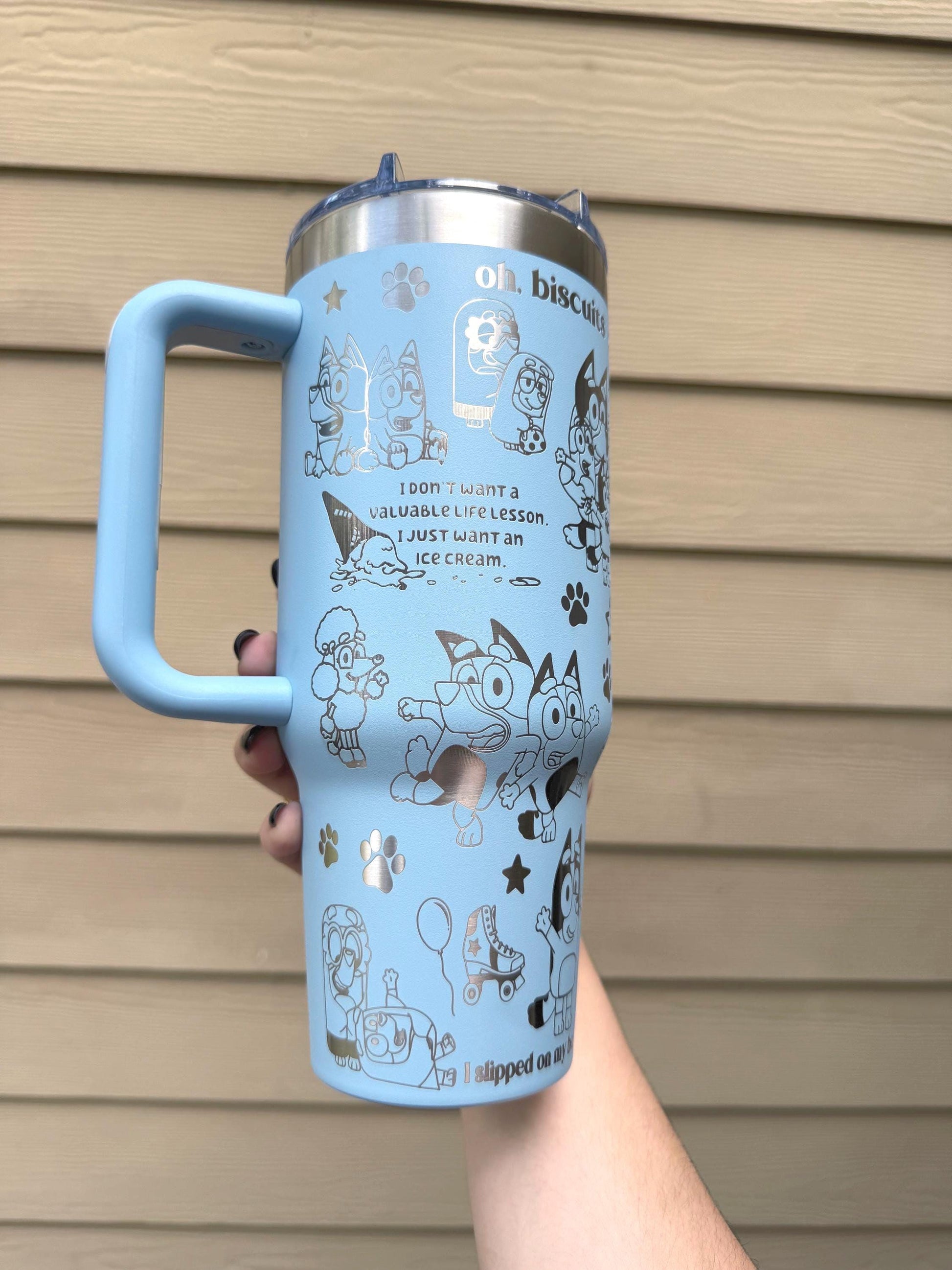 Custom Engraved Tumbler, Bluey Bingo, 40oz with handle, Engraved tumbler, Cartoon dog, Bluey Mom Bluey Dad Grannies