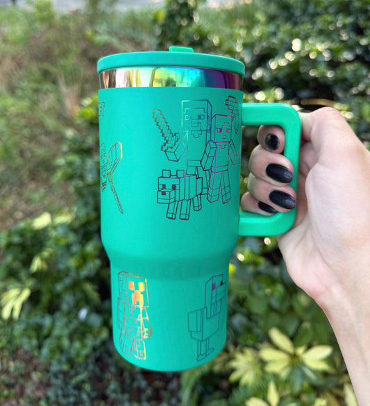 Custom Engraved Kids Tumbler, Minecraft Tumbler, 20oz with handle, Engraved tumbler, Spill proof cup, Videogame gift for boys and girls