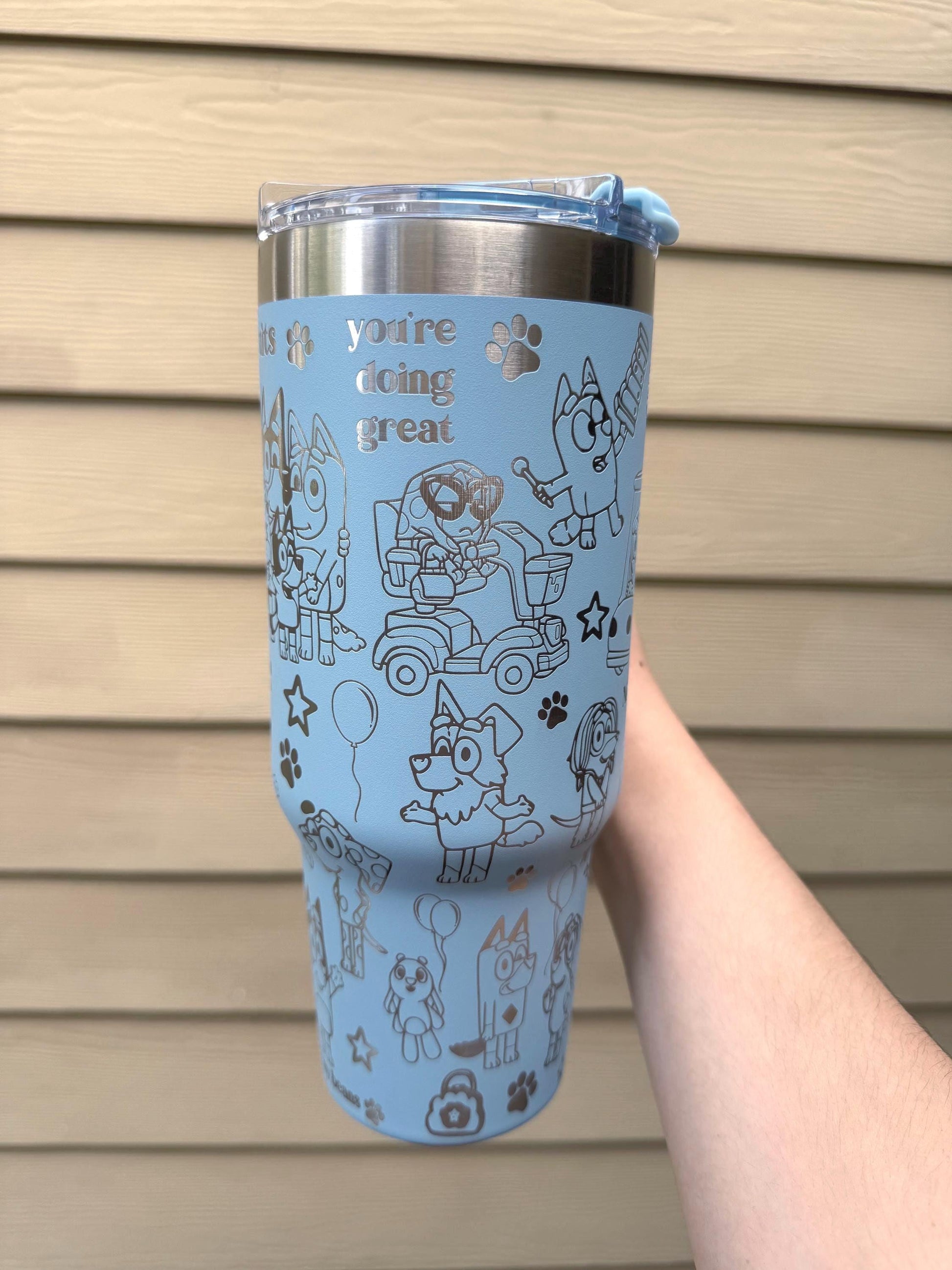 Custom Engraved Tumbler, Bluey Bingo, 40oz with handle, Engraved tumbler, Cartoon dog, Bluey Mom Bluey Dad Grannies