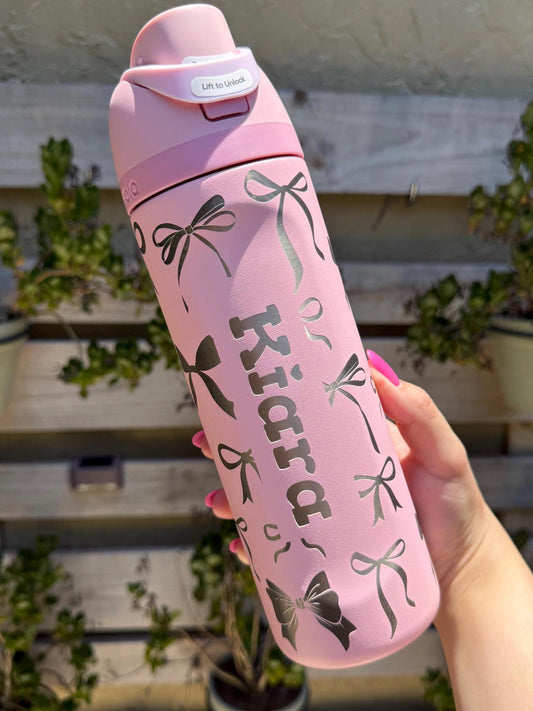 Bows Coquette 24oz Free Sip Owala, Engraved tumbler