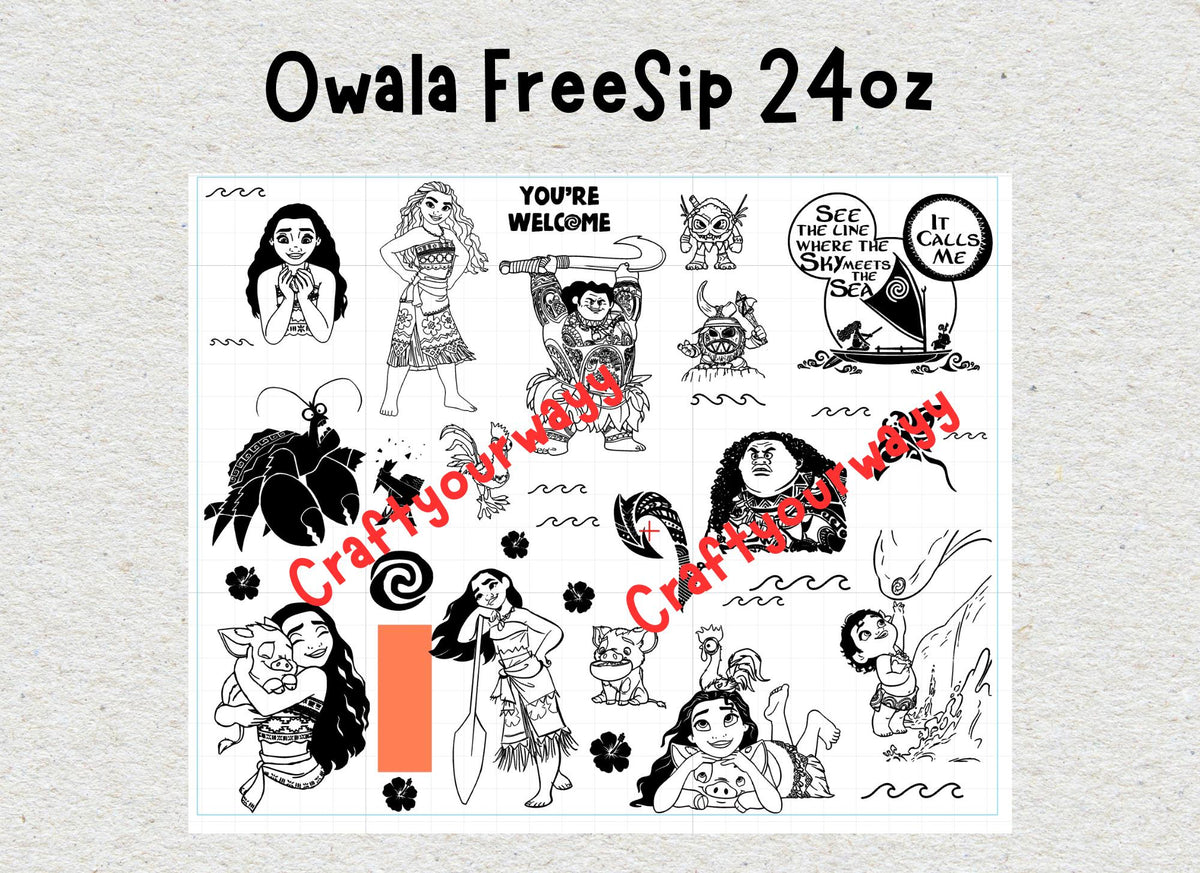 Custom Engraved Owala, Moana Maui Movie Tefiti Princess, 24oz Free Sip, Engraved tumbler, Disney princess