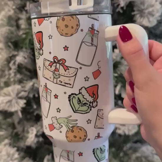 Holiday Tumbler 40oz Cup with Handle, Grinch Christmas Water Bottle, perfect Holiday Gift