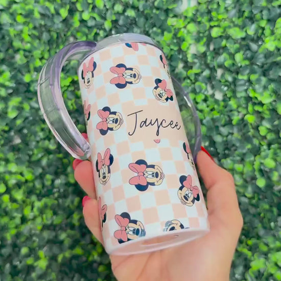 Personalized Minnie Mouse Sippy Cup 12oz, Baby Girl Tumbler with Name, Pink Checkered Toddler Cup with Straw Lid