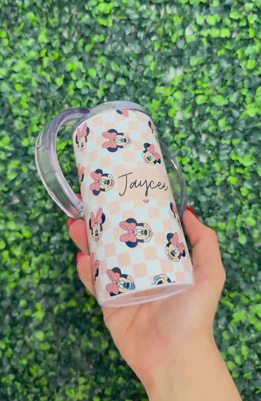Personalized Minnie Mouse Sippy Cup 12oz, Baby Girl Tumbler with Name, Pink Checkered Toddler Cup with Straw Lid