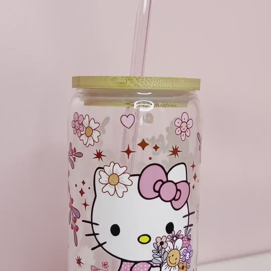 Hello Kitty Coffee Groovy Floral 16oz Iced Coffee Cup with Pink Straw, Glass Kitty Tumbler Libbey Bamboo Lid, BPA Free Cute Gift