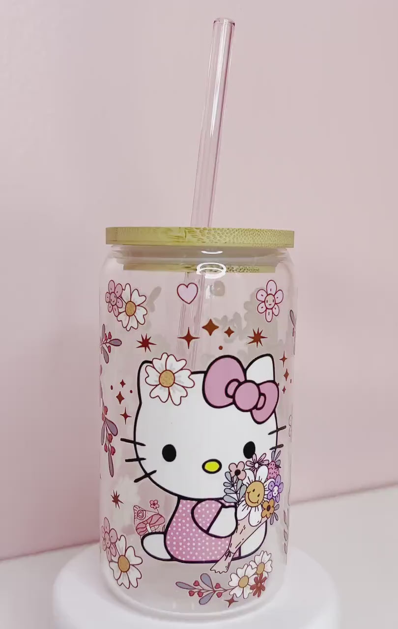 Hello Kitty Coffee Groovy Floral 16oz Iced Coffee Cup with Pink Straw, Glass Kitty Tumbler Libbey Bamboo Lid, BPA Free Cute Gift