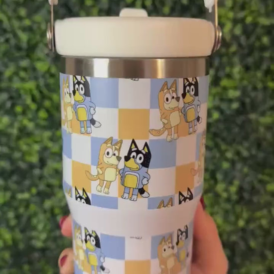 Kids Tumbler 20oz Flip Straw Water Bottle, Bluey, Bluey Bingo, Tumbler with Handle, perfect Birthday Gift, Blue Dog