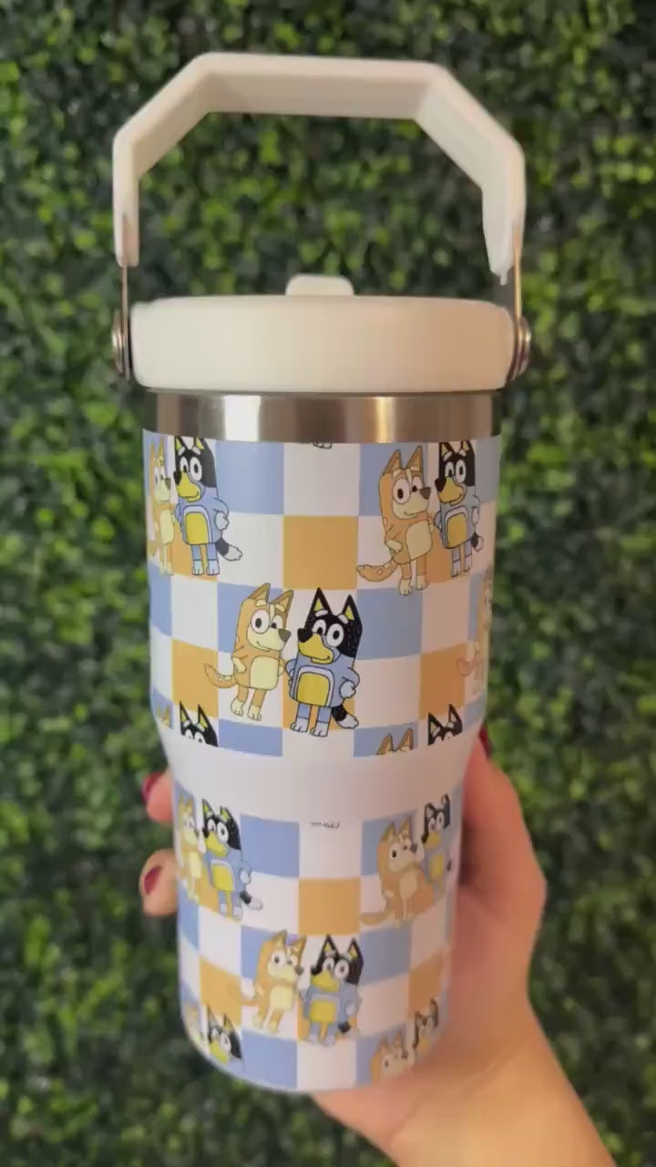 Kids Tumbler 20oz Flip Straw Water Bottle, Bluey, Bluey Bingo, Tumbler with Handle, perfect Birthday Gift, Blue Dog