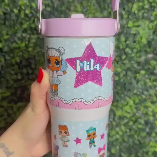 Kids Tumbler 20oz Flip Straw Water Bottle Doll, Dolls Glitter Stars, Tumbler with Handle, perfect Birthday Gift for girls, Cartoon Dolls