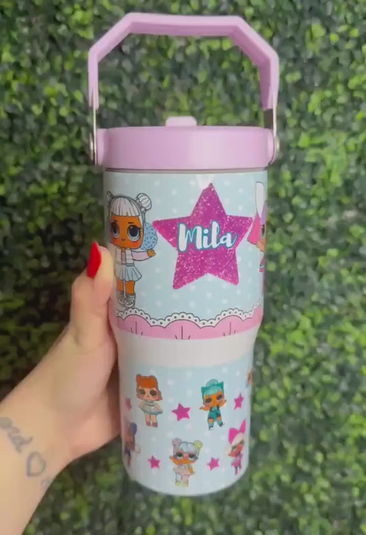 Kids Tumbler 20oz Flip Straw Water Bottle Doll, Dolls Glitter Stars, Tumbler with Handle, perfect Birthday Gift for girls, Cartoon Dolls