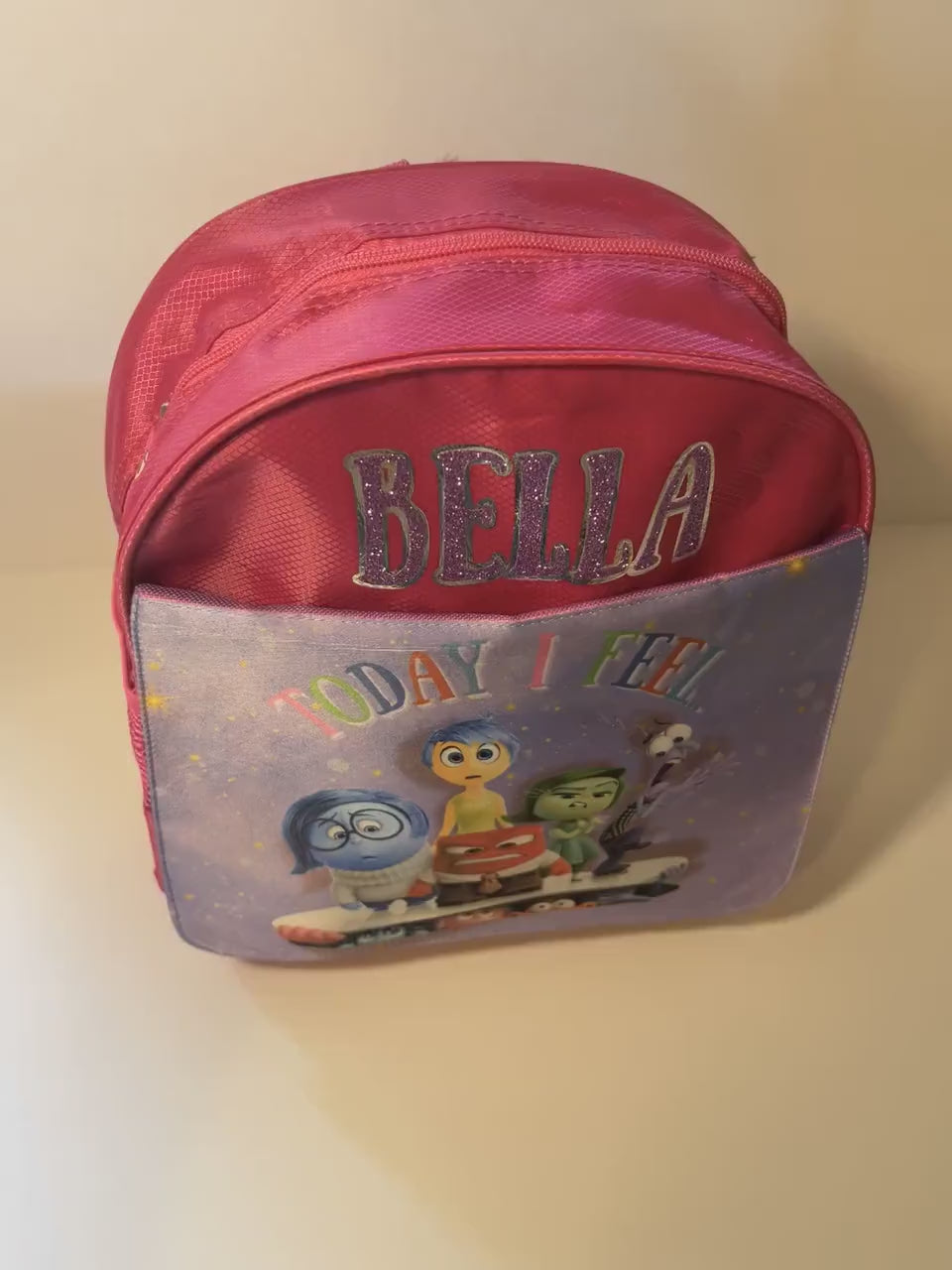 Kids Personalized Pink Backpack Inside Out Movie, Custom with Glitter Name, for Toddlers and Girls Birthday Gifts or Back to School