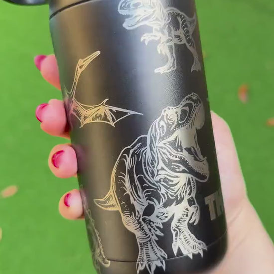 Custom Engraved Dinosaur, Jurassic Kids Bottle, 12oz Leak Proof, Engraved tumbler, Maars Insulated Bottle