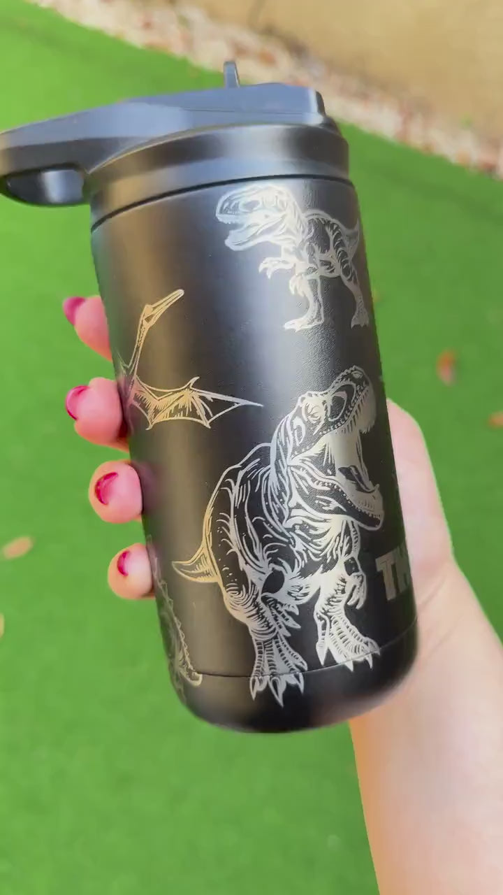 Custom Engraved Dinosaur, Jurassic Kids Bottle, 12oz Leak Proof, Engraved tumbler, Maars Insulated Bottle