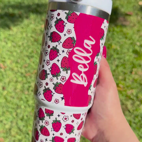Personalized Tumbler with Name, Strawberry Tumbler 30oz Cup w/ carry handle, Pink Strawberry Cup, 30oz Coffee mug, Trendy Summer Fruit, Gift