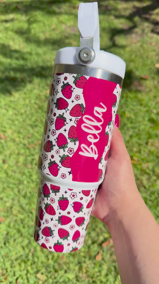Personalized Tumbler with Name, Strawberry Tumbler 30oz Cup w/ carry handle, Pink Strawberry Cup, 30oz Coffee mug, Trendy Summer Fruit, Gift