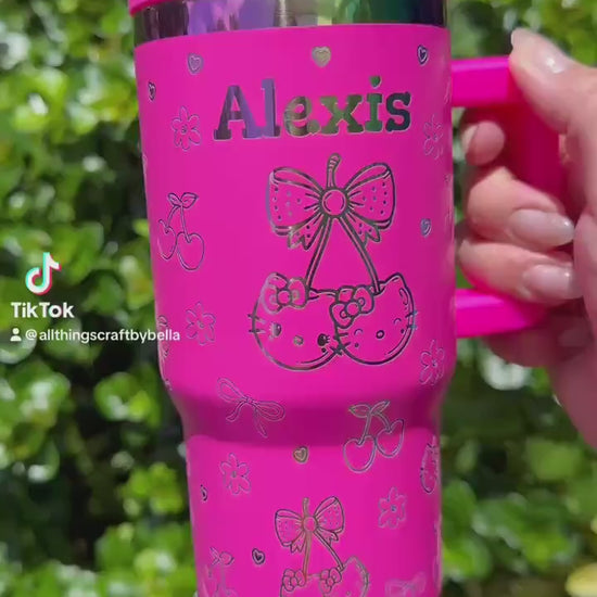 Custom Engraved Kids Tumbler, Kitty Tumbler, 20oz with handle, Engraved tumbler, Spill proof cup, HK Cherry gift for boys and girls Kawaii