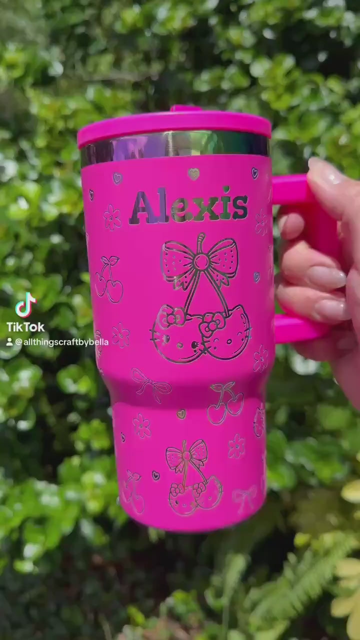 Custom Engraved Kids Tumbler, Kitty Tumbler, 20oz with handle, Engraved tumbler, Spill proof cup, HK Cherry gift for boys and girls Kawaii