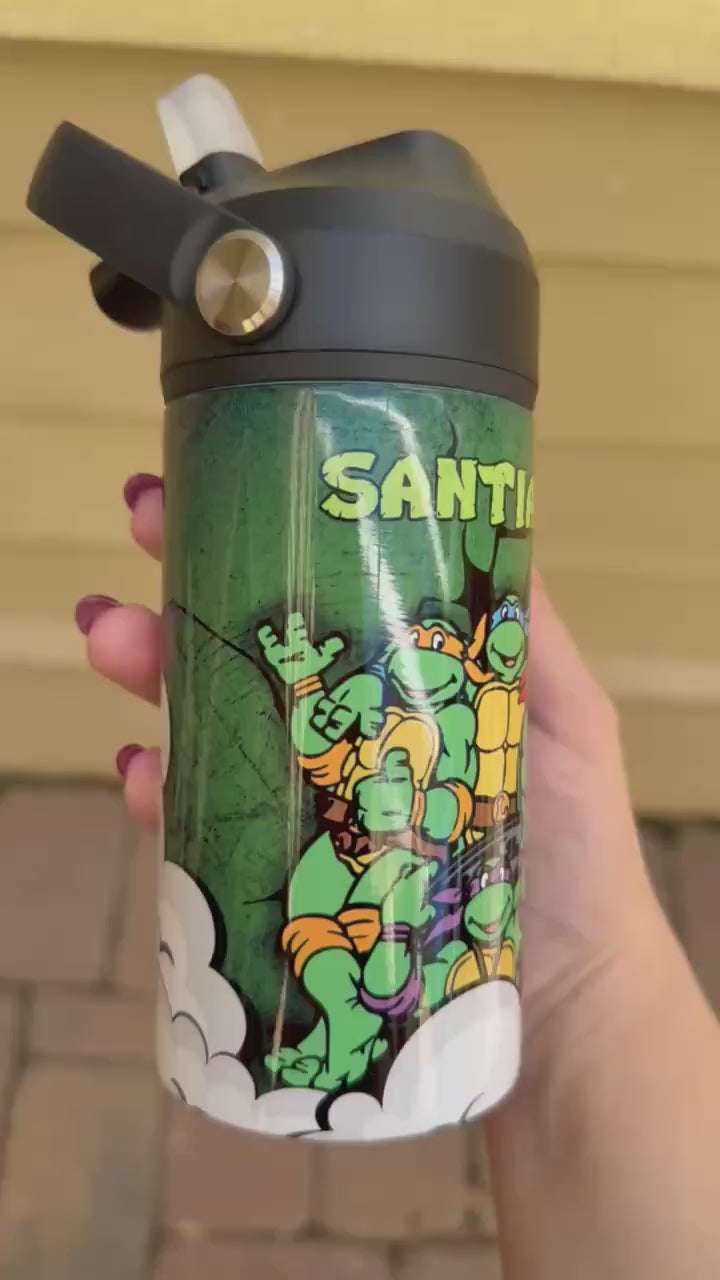 Kids Personalized Ninja Turtles 12oz Insulated Straw Cup, Custom Tumbler with Name for Back to School Ninjas Leonardo Donatello Superhero