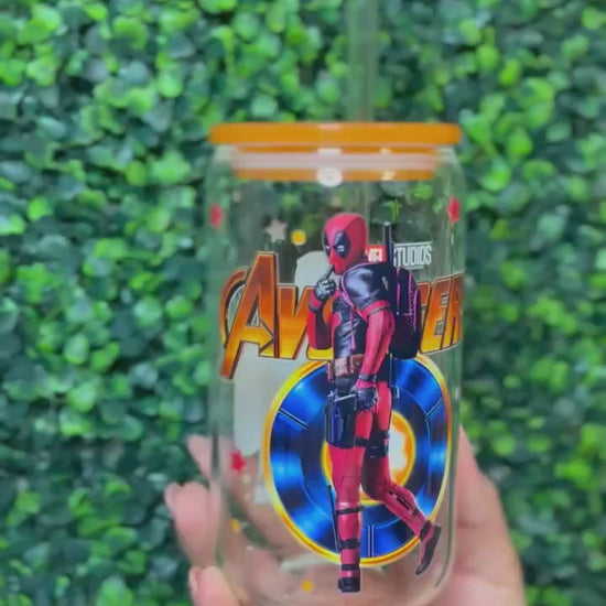 Marvel DeadPool and Wolverine 16oz Glass Tumbler, Color lid Superhero Personalized Travel Cup with Glass Straw Gift for him