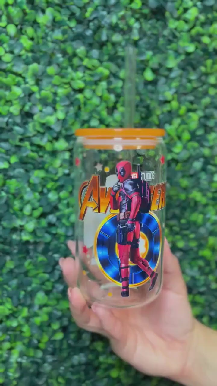 Marvel DeadPool and Wolverine 16oz Glass Tumbler, Color lid Superhero Personalized Travel Cup with Glass Straw Gift for him