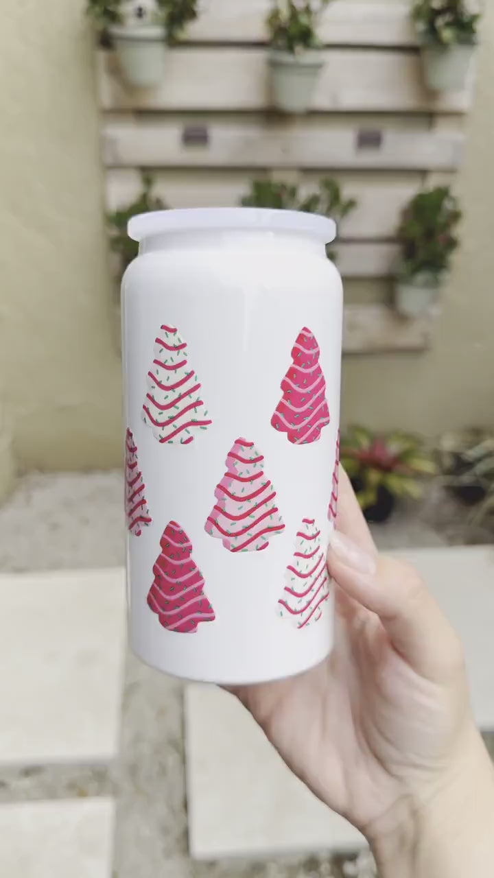 Pink Christmas 16oz Iced Coffee Cup with Lid, Pink Christmas Tree Stainless Steel or Glass, Christmas Pink Aesthetic, Pink gift for her