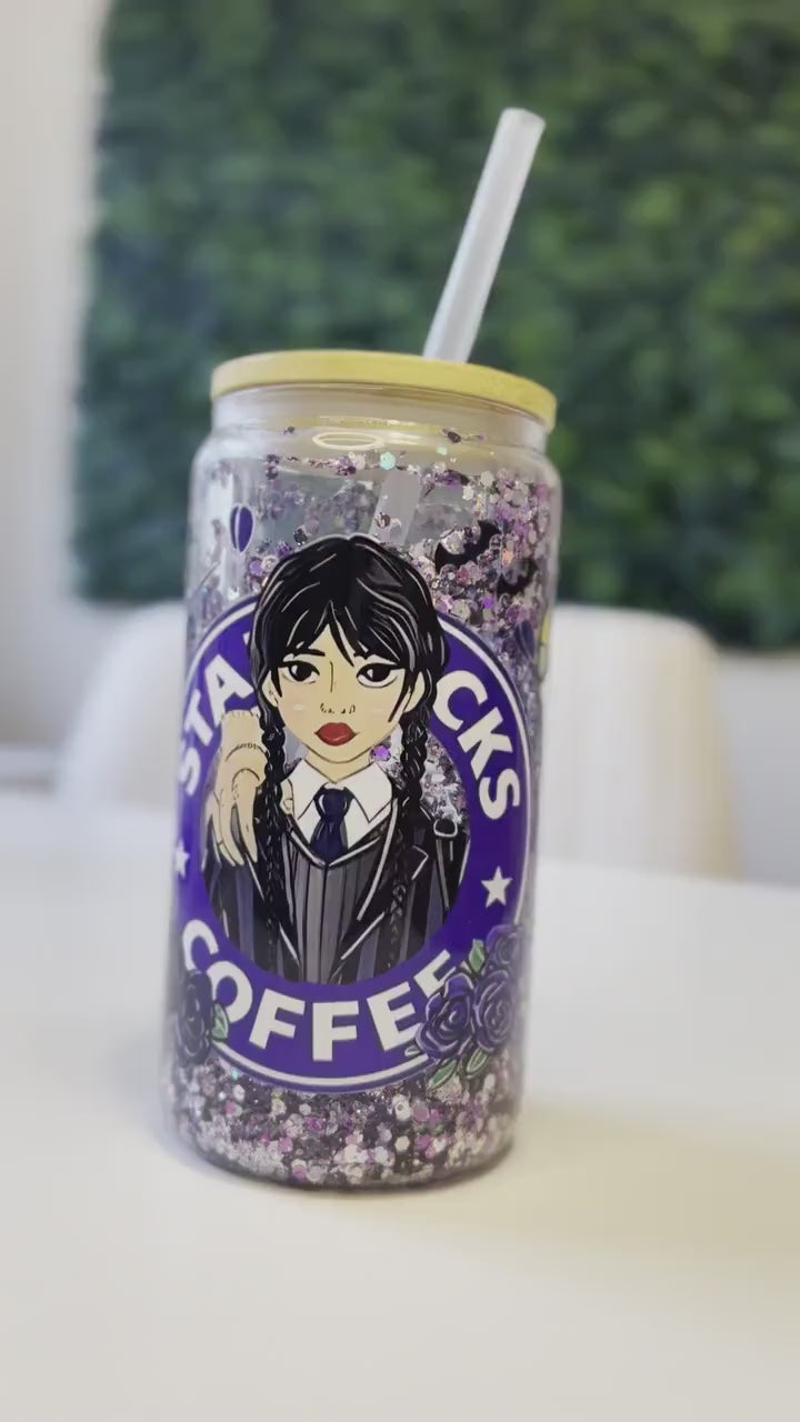 Wednesday Addams Glitter Glass Cup, 16oz Snow Globe Tumbler with Bamboo lid and Straw