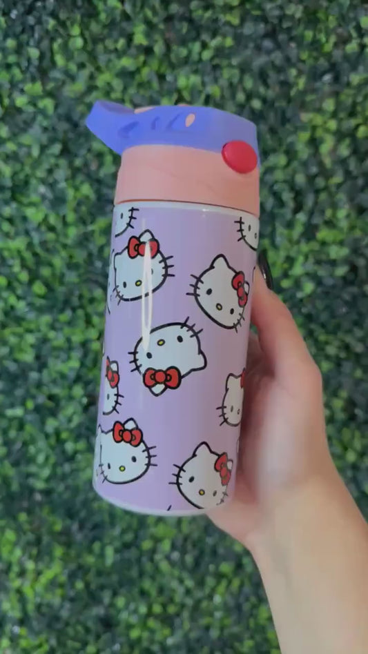 Kids Personalized Kitty 12oz Insulated Straw Cup, Custom Tumbler for Back to School Hello Kitty, Pink Lid