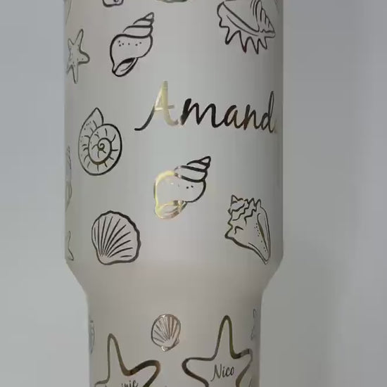 Engraved Tumbler with Name 40oz Women Tumbler with handle, Ocean Seashell Design, Gold engraving gift for mom, Mothers day gift