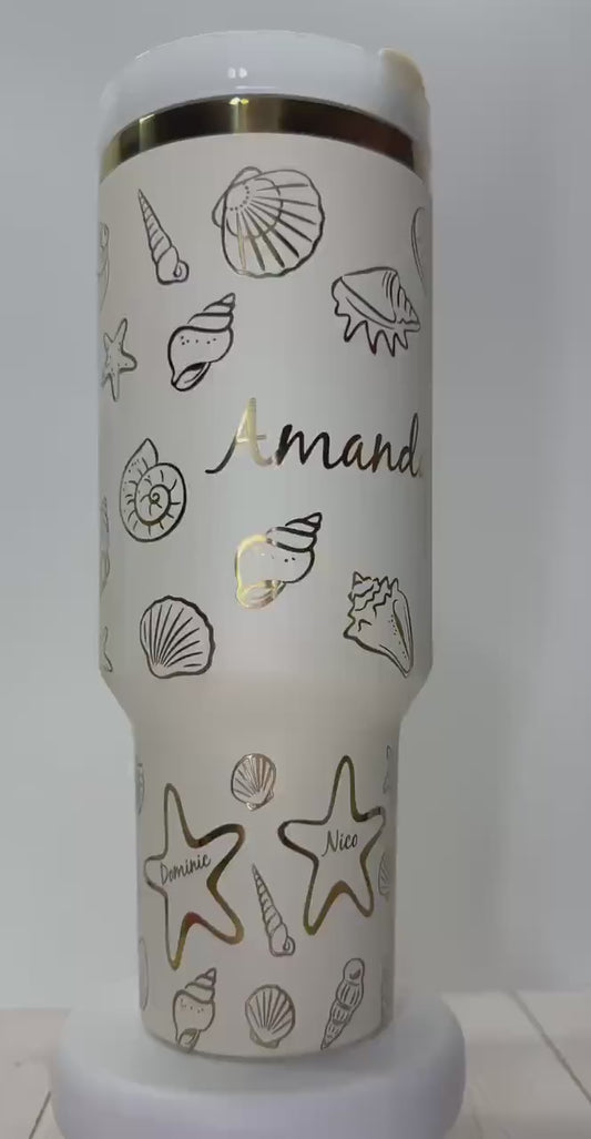 Engraved Tumbler with Name 40oz Women Tumbler with handle, Ocean Seashell Design, Gold engraving gift for mom, Mothers day gift